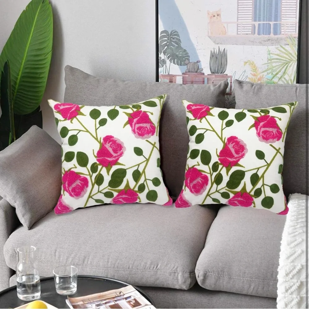 Floral Embroidered Decorative Throw Pillow Cover 18